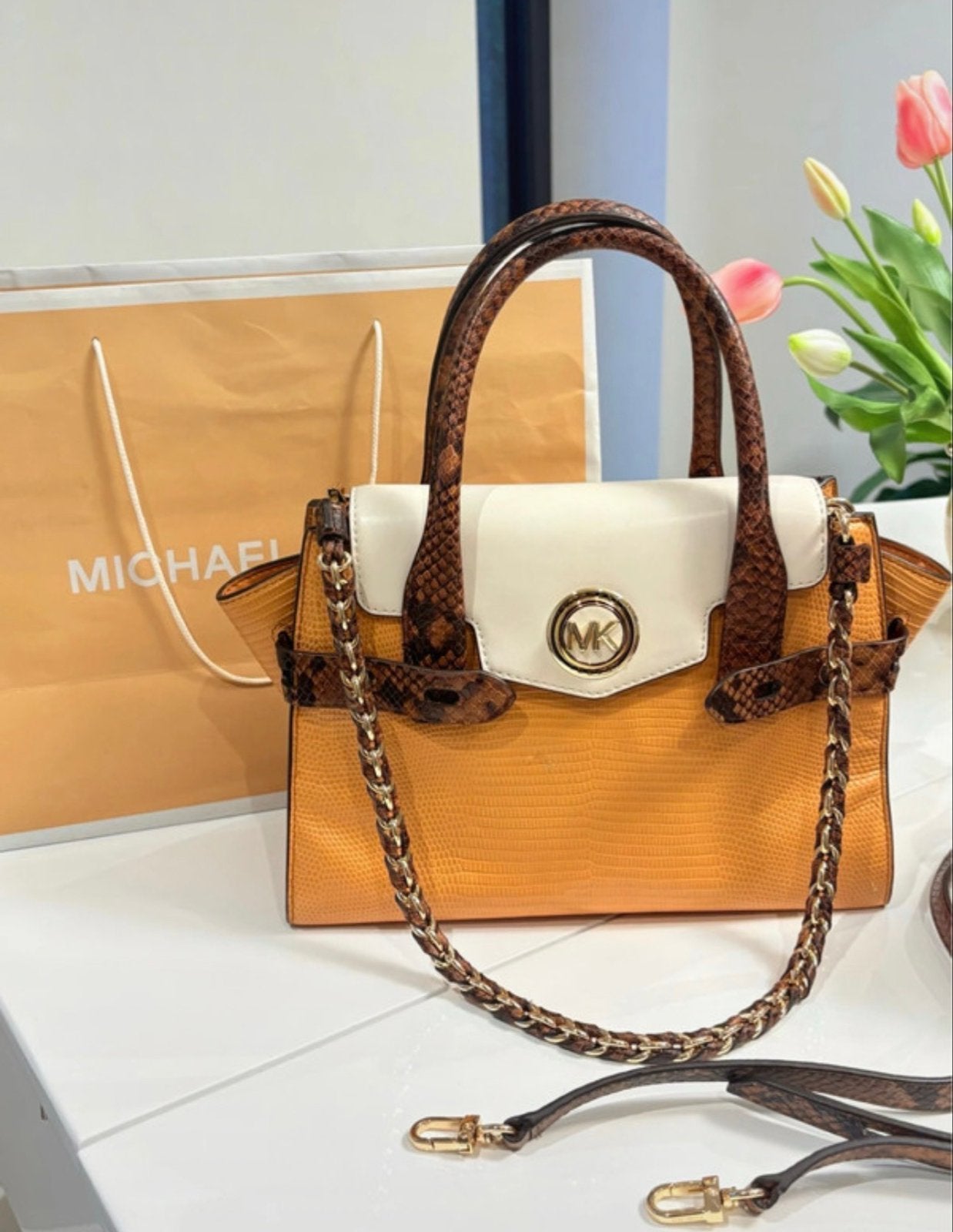 Michael Kors tas - handtas met slangenprimt, Ophalen, Zo goed als nieuw, Oranje, Handtas