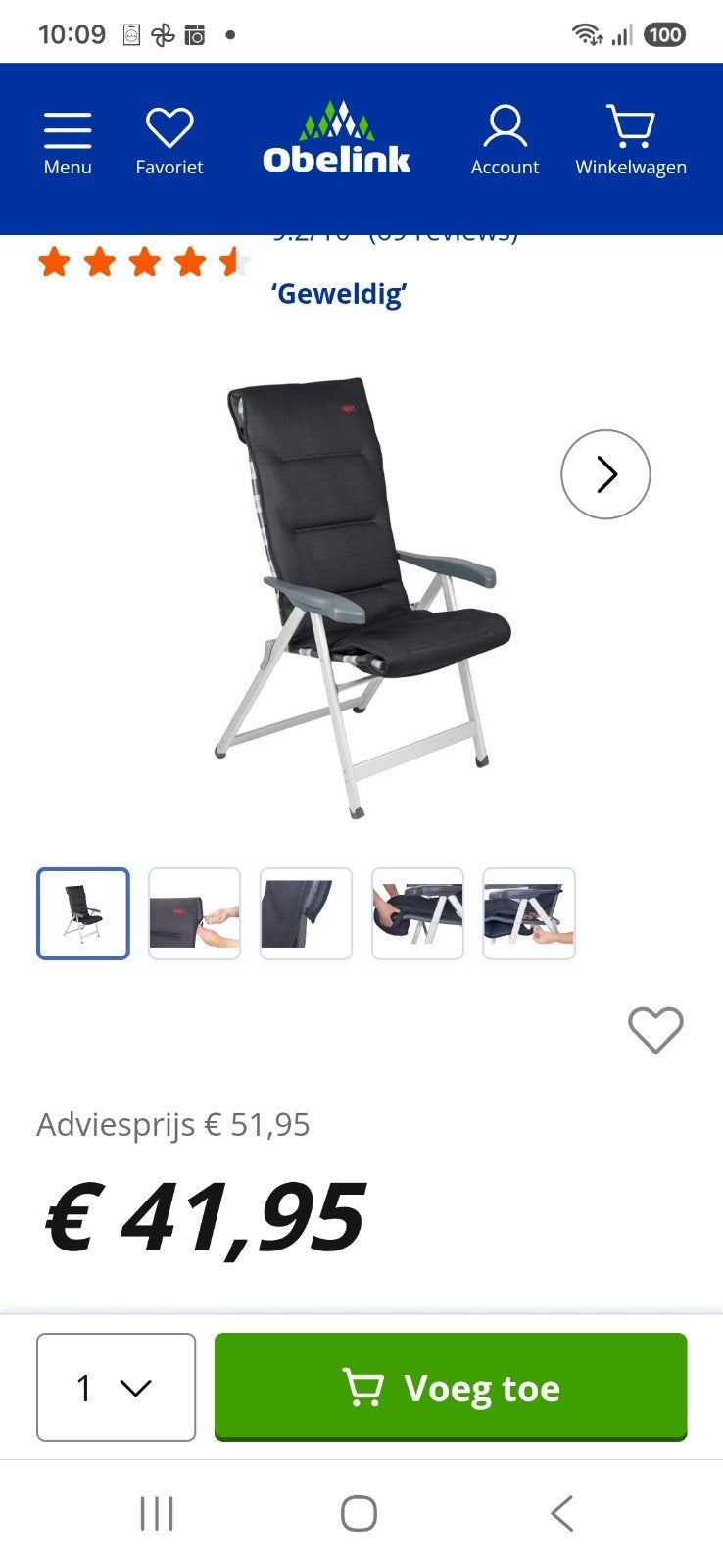 CRESPO Campingstoel Kussen - Zwart, Caravans en Kamperen, Ophalen of Verzenden, Gebruikt, Campingmeubel-accessoire