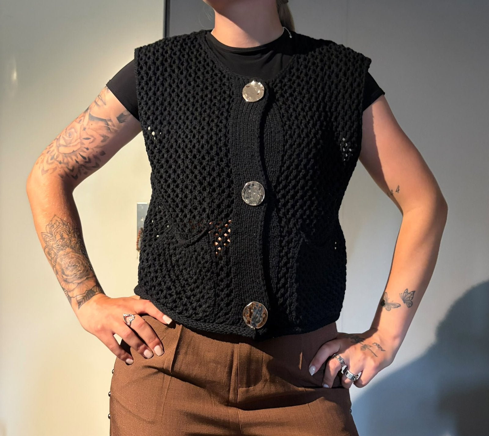 Gebreid gilet, Maat 38/40 (M), Zwart, Ophalen of Verzenden, Zo goed als nieuw