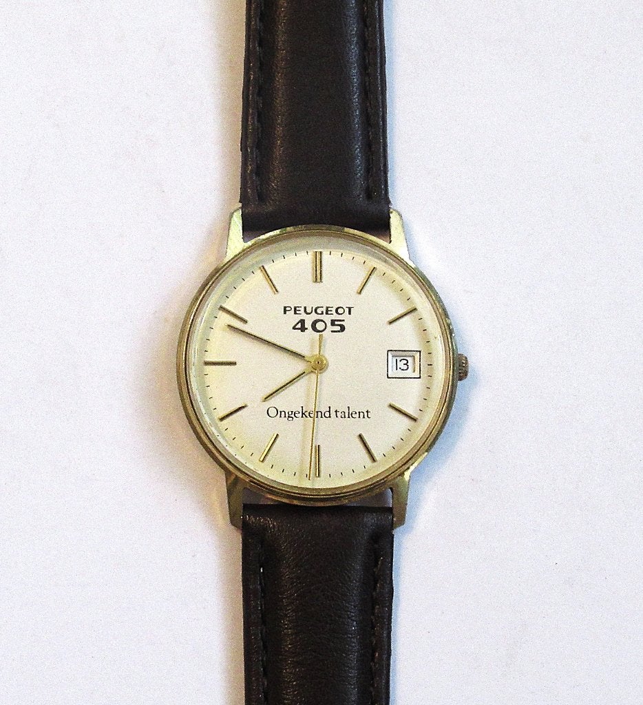 Vintage Peugeot 405 quartz herenhorloge, Ophalen of Verzenden, Gebruikt, Leer, Overige merken