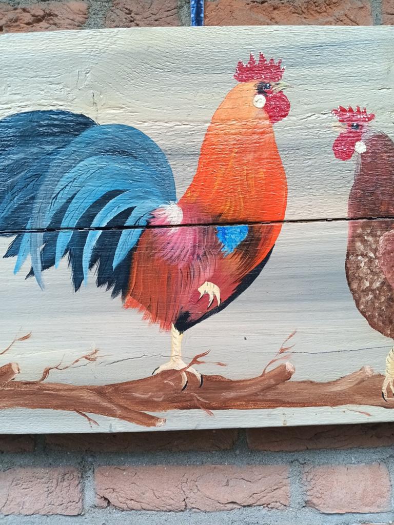 Houten schilderij van Cor Hendrix - Kippen en haan, Ophalen of Verzenden