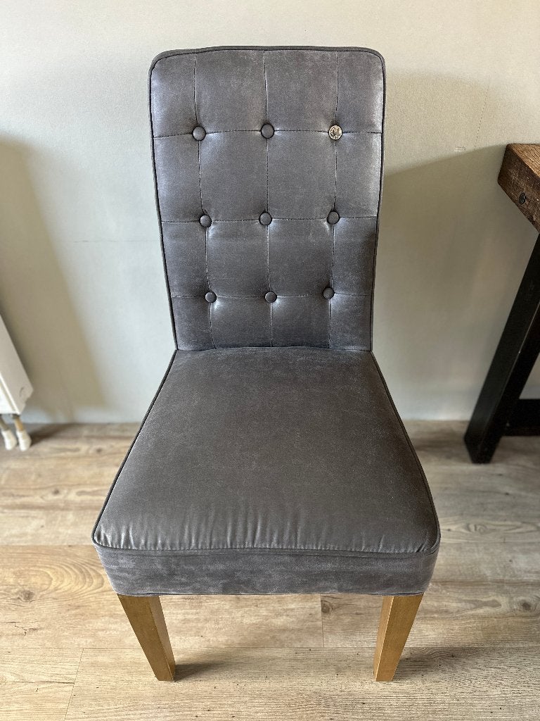 Set van 6 Rivièra Maison eetkamerstoelen in pellini leer, Ophalen, Gebruikt, Modern, landelijk, Rivièra Maison, Grijs