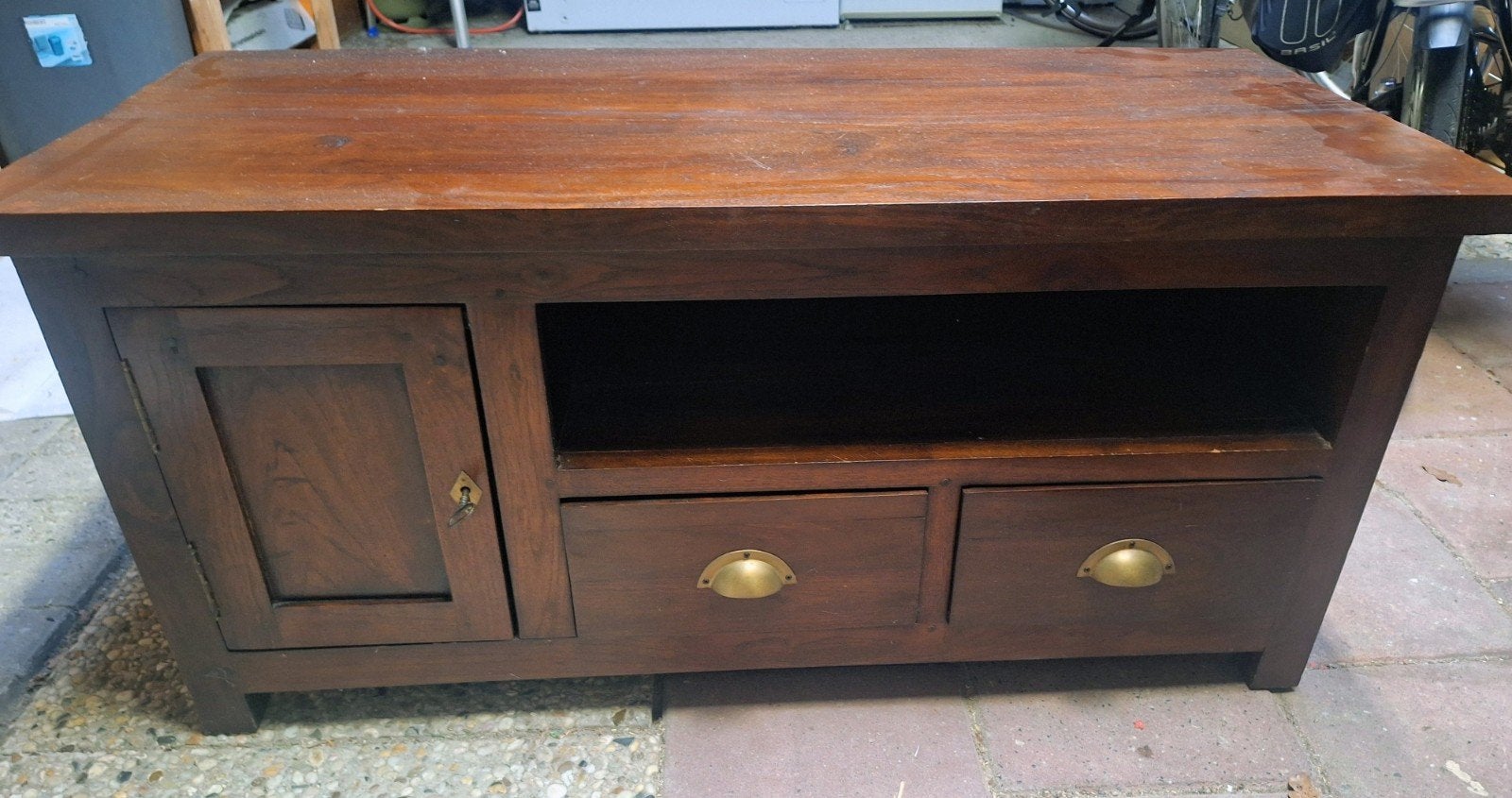 Massief houten tv-meubel met lades en kastje, Gebruikt, 100 tot 150 cm, Landelijk, Minder dan 100 cm