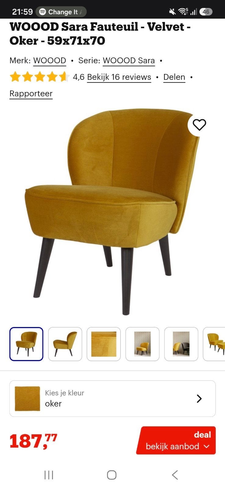 Okergele stoel - Woood Sara Fauteuil, Huis en Inrichting, Fauteuils, Ophalen, Modern, Retro, Minder dan 75 cm, Zo goed als nieuw