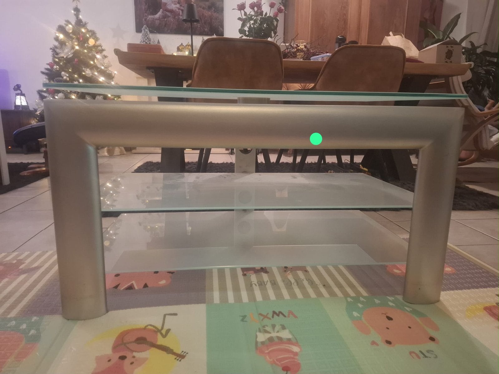 Modern glazen tv-meubel met metalen frame, Ophalen, Gebruikt, 100 tot 150 cm, Glas