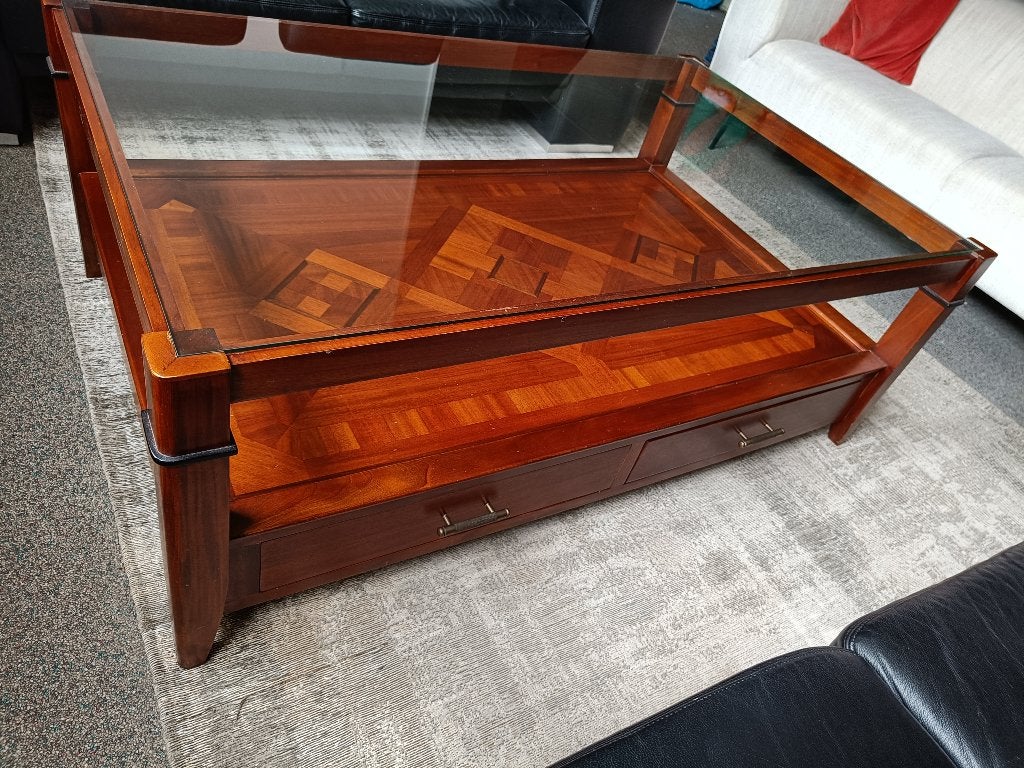 Art Deco Salontafel Mahoniehout met Glazen Plaat, Huis en Inrichting, Tafels | Salontafels, Ophalen, Gebruikt, 100 tot 150 cm