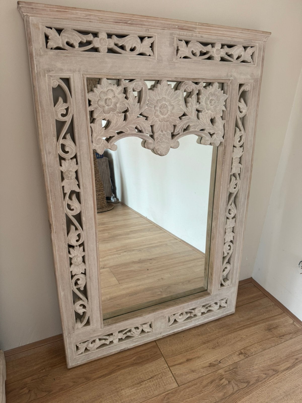 Prachtige ZWARE spiegel, met houtsnijwerk, ibiza boho styl, Ophalen, Minder dan 50 cm, Zo goed als nieuw, Minder dan 100 cm