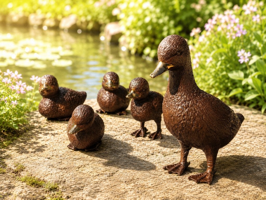 5 bronzen eendjes / bronzen beeld / nieuw / eend / kuikens, Dierenbeeld, Nieuw, Info@huisentuindecoratiemarie.nl, Huis en tuin decoratie marie