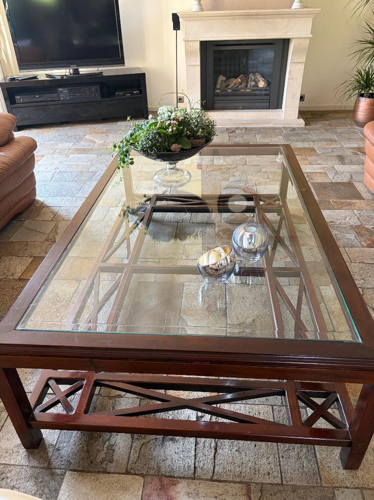 Salontafel hout met glas - 160x100x45cm, Huis en Inrichting, Tafels | Salontafels, Ophalen, Glas, Gebruikt, 50 tot 100 cm