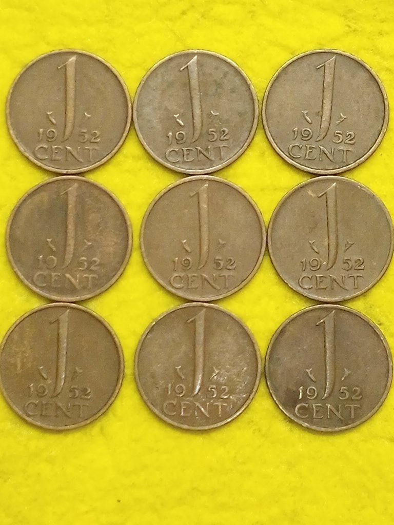 9 stuks 1cent muntjes uit 1952.  Gewoon bieden!, Postzegels en Munten, Ophalen of Verzenden, Koningin Juliana, 1 cent, Losse munt