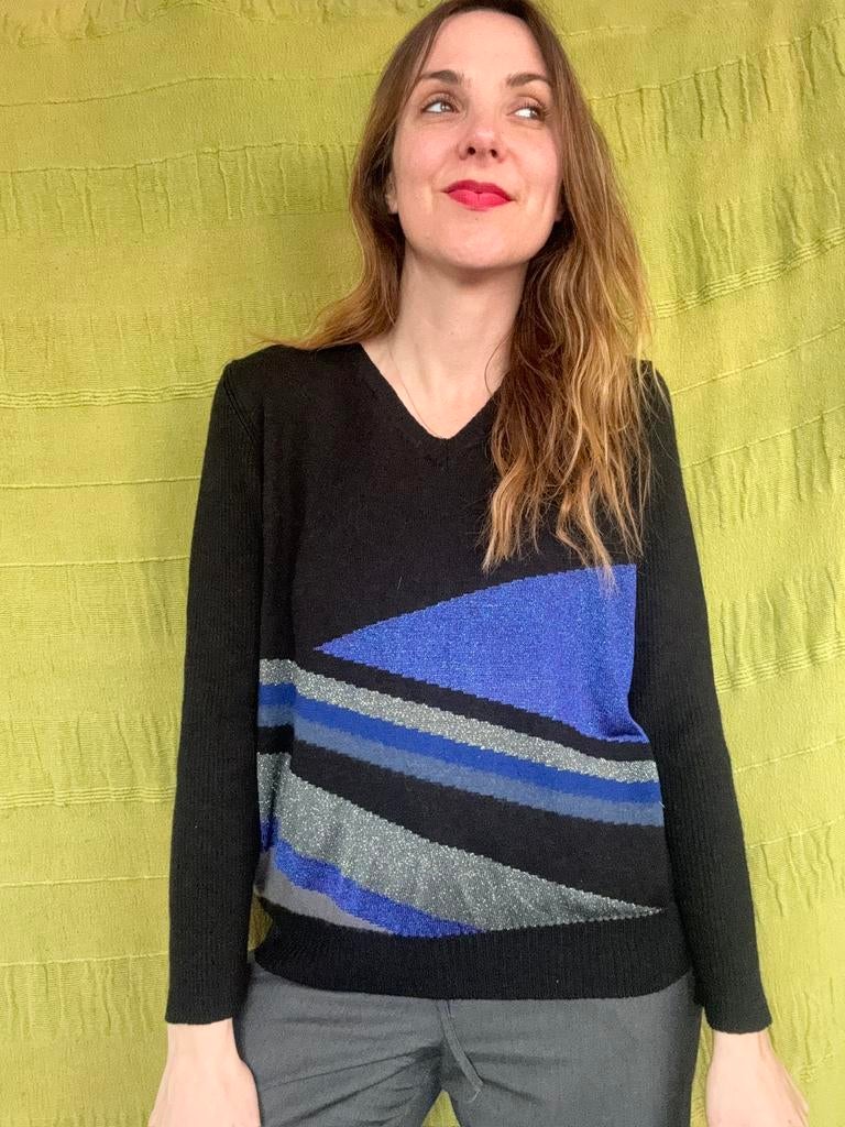 Vintage trui / jumper - 90s - zwart / blauw S / small / 36, Hgv, Blauw, Hgv, Ophalen of Verzenden