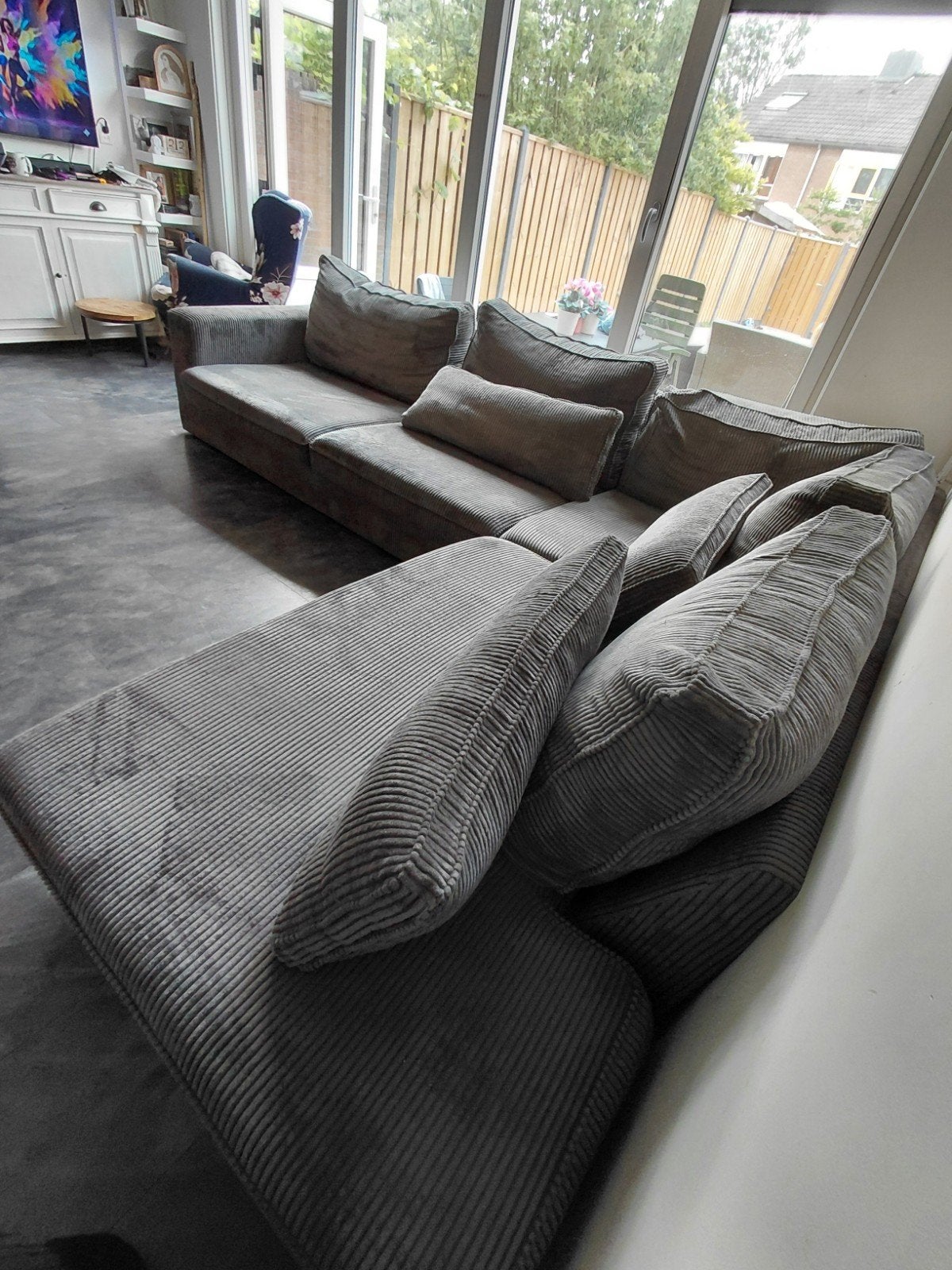 Comfortabele en ruime grijze hoekbank., Huis en Inrichting, Ophalen, Gebruikt