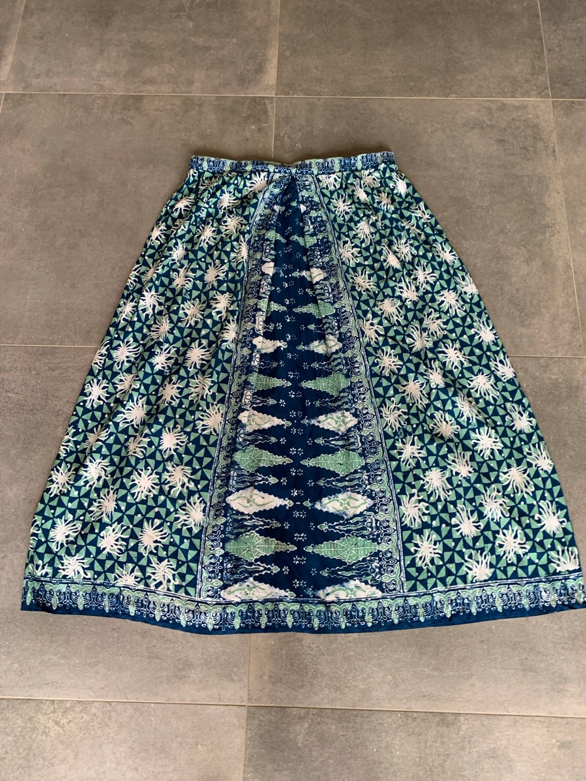 Vintage maxi rok met print, Maat 38/40 (M), Blauw, Ophalen of Verzenden, Gedragen