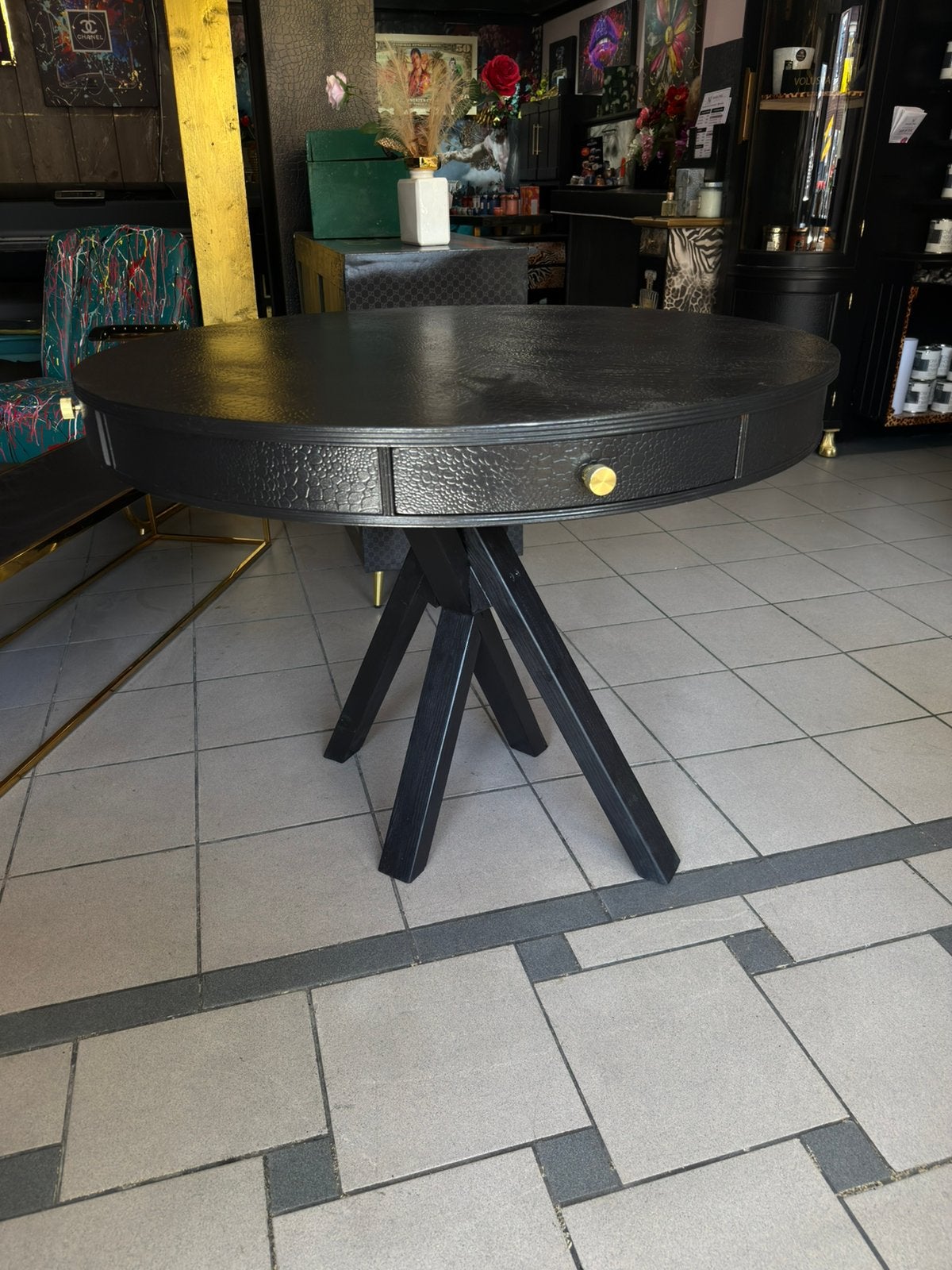 Zwarte Ronde Tafel 120 cm met Croco Design en 4 Lades, Ophalen, Marlons, 100 tot 150 cm, Eu