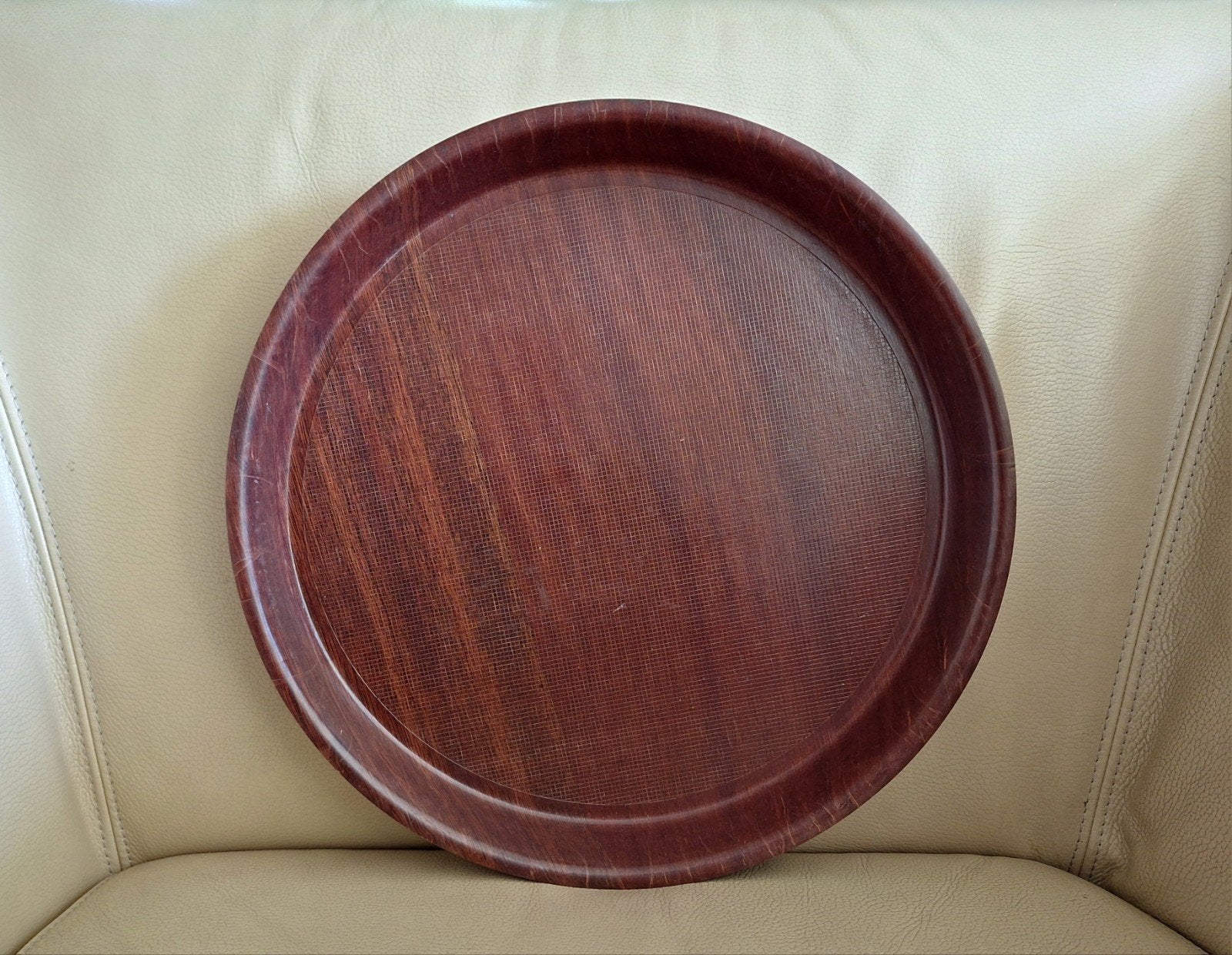 Vintage rond dienblad, plywood teak/Scandik Sweden, iprst., Ophalen of Verzenden, Rond, Hout