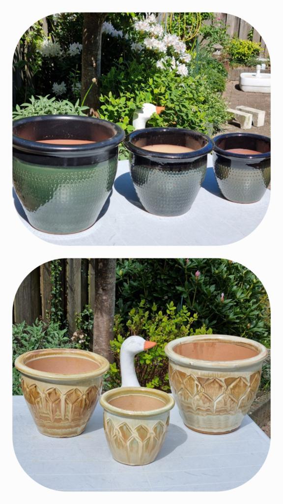 🪴🪴🪴  set van 3 bloempotten,   crème/oker   of  GROEN, Tuin en Terras, Bloempotten, Zo goed als nieuw, Terracotta, Balkon, Tuin