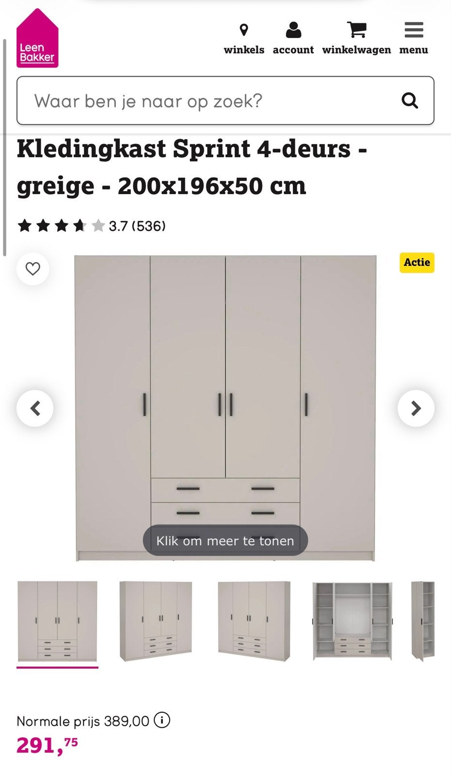 Nieuwe Leen Bakker Sprint 4-deurs kledingkast - greige, Huis en Inrichting, Ophalen, 200 cm of meer, Nieuw, 200 cm of meer