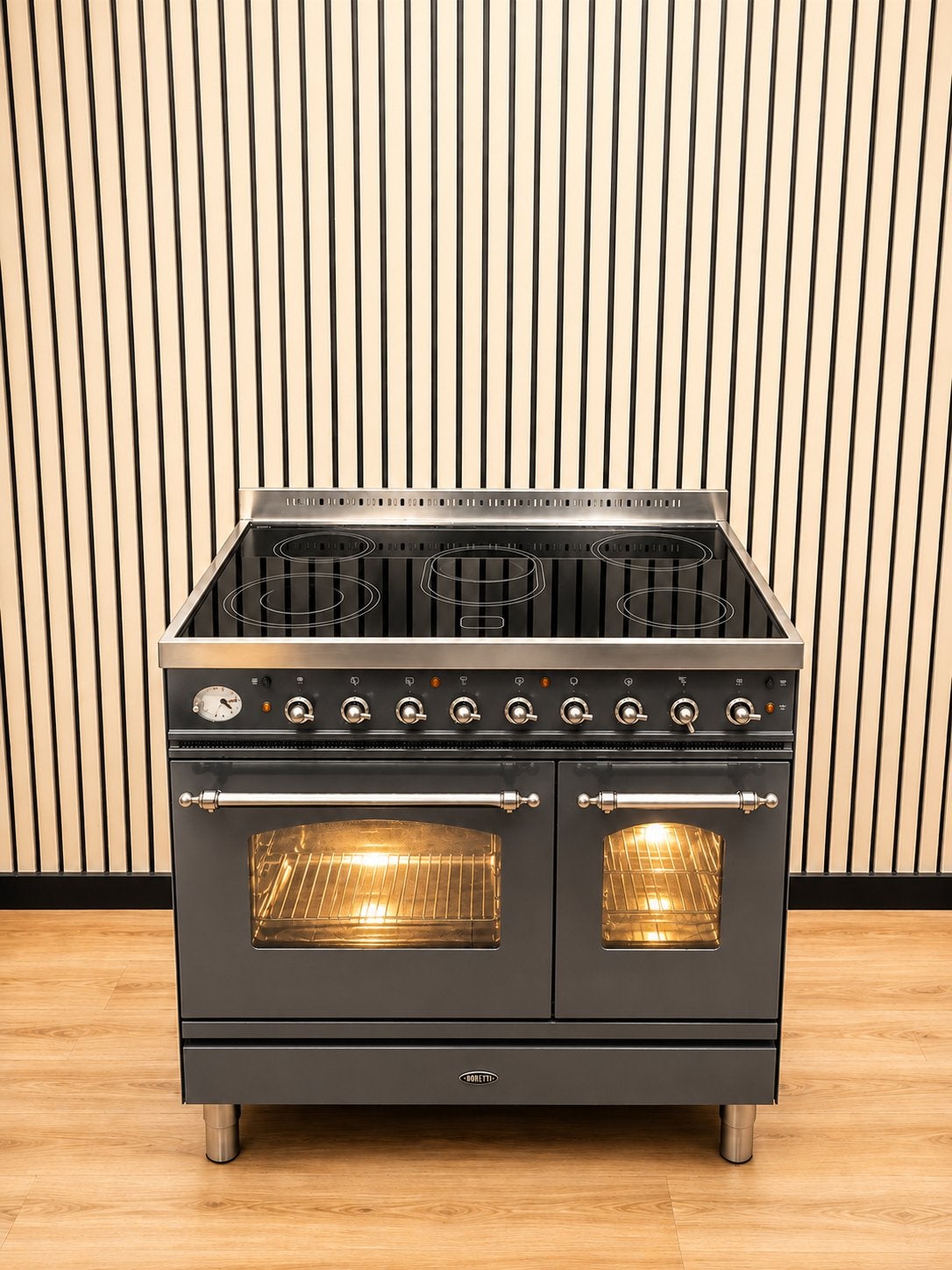 Luxe Boretti Fornuis keramisch met 5 zones & 2 ovens 90 cm, Fornello Esperta, Ophalen of Verzenden, Zo goed als nieuw, Oven met grill