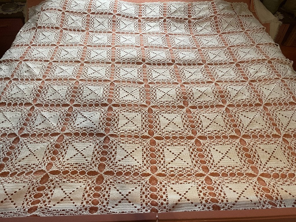 Prachtige katoen gehaakte sprei 210x170 off white, Antiek en Kunst, Ophalen of Verzenden