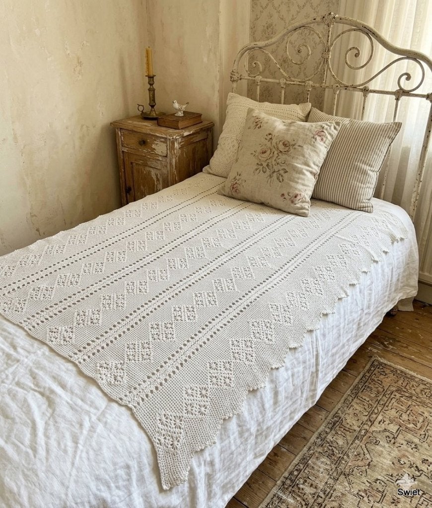 2380 Gehaakte sprei met open patroon 200 x 195 cm swiet, Huis en Inrichting, Eenpersoons, Wit, Overige typen, Ophalen of Verzenden