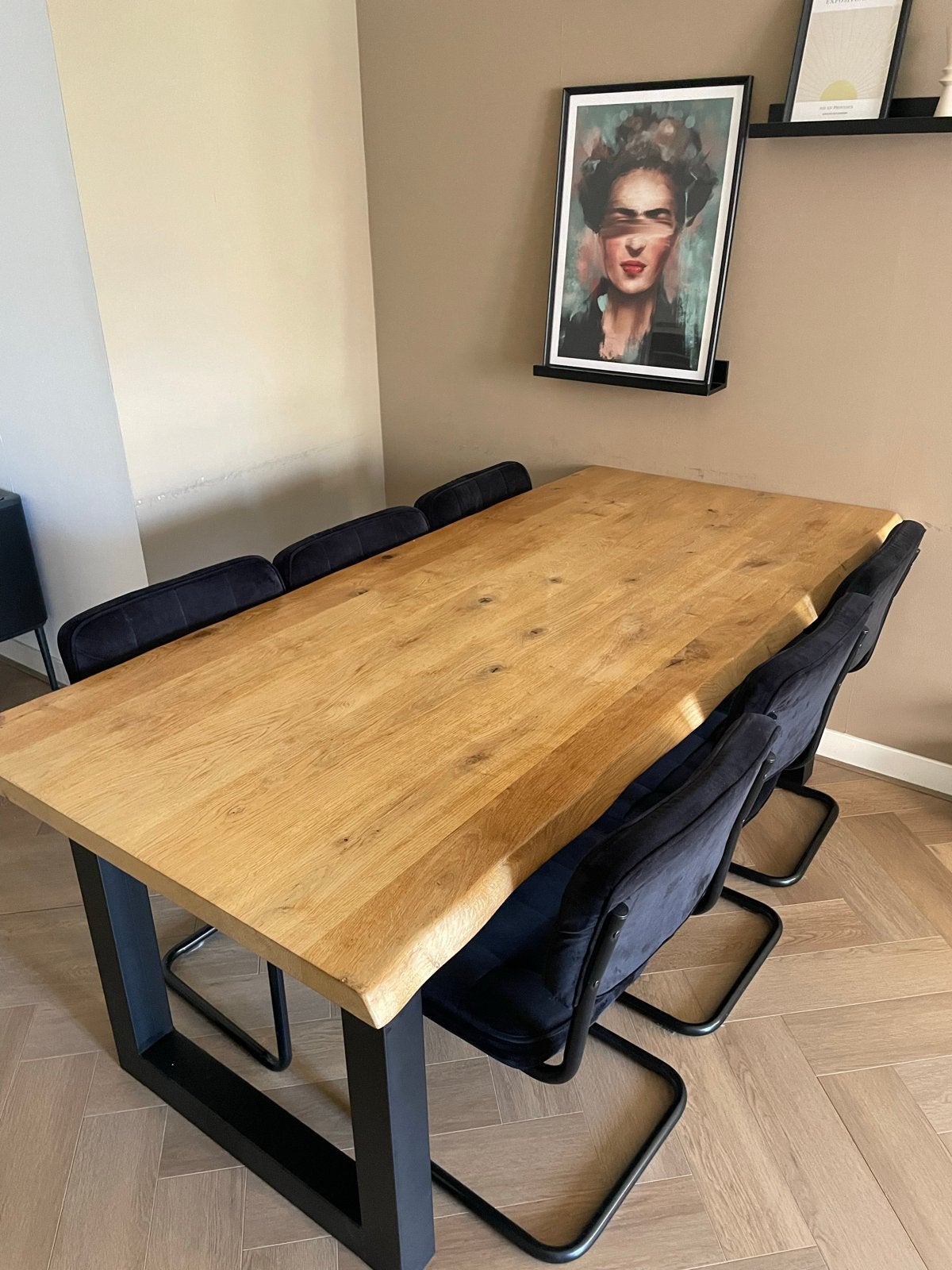 Massief houten eettafel met U-poot, Ophalen, Gebruikt, 50 tot 100 cm, Vijf personen of meer