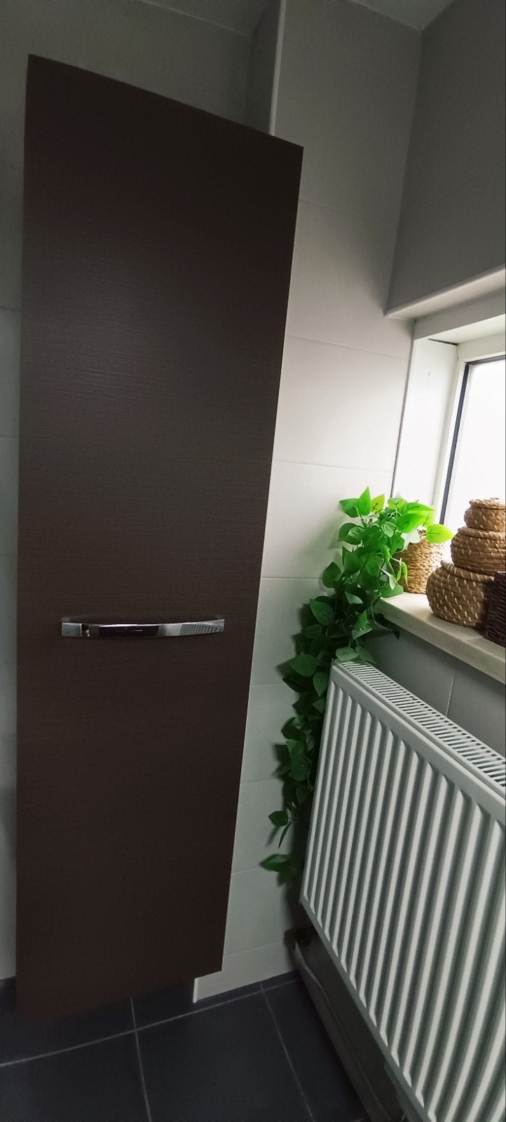 Hoge badkamerkast - Donkerbruin met planken, Huis en Inrichting, Badkamer | Badkamermeubels, Ophalen, (Half)hoge kast, Minder dan 50 cm