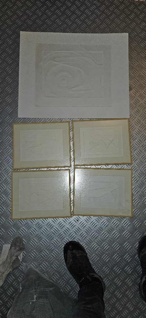 Abstracte reliëfdrukken, set van 5, Antiek en Kunst, Kunst | Etsen en Gravures, Ophalen, 40 cm, 1950 - 1999, Overige technieken