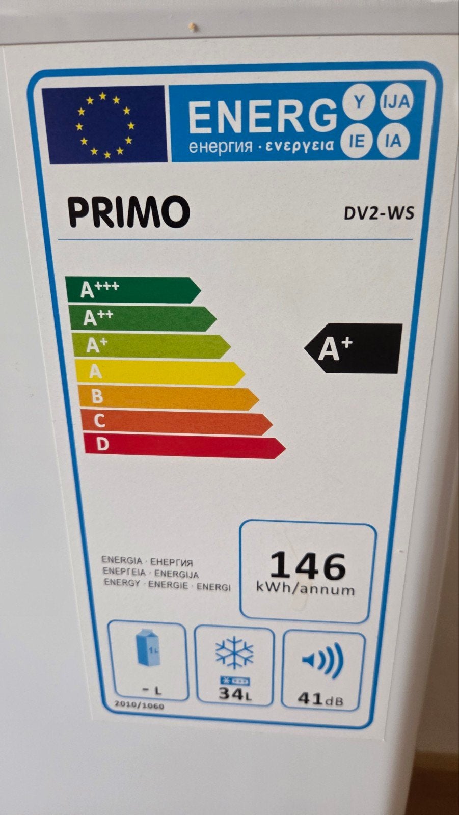 Compacte Primo DV2-WS  Vriezer- A+ Energie, Minder dan 75 liter, Ophalen, Met vriesvak, Minder dan 85 cm