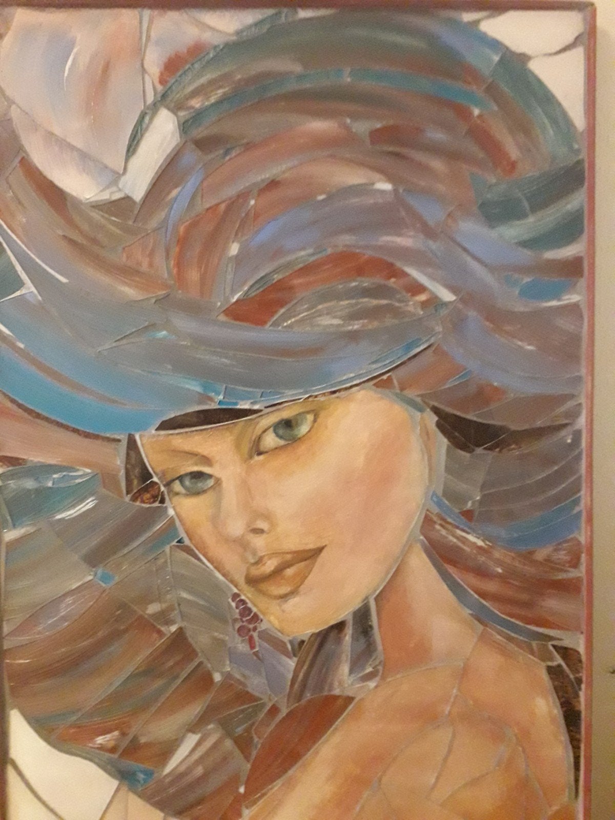 Geschilderd glas mozaïek in speci gelegd, Antiek en Kunst, Overige stijlen, Portret of Personen, Ophalen of Verzenden, Origineel werk