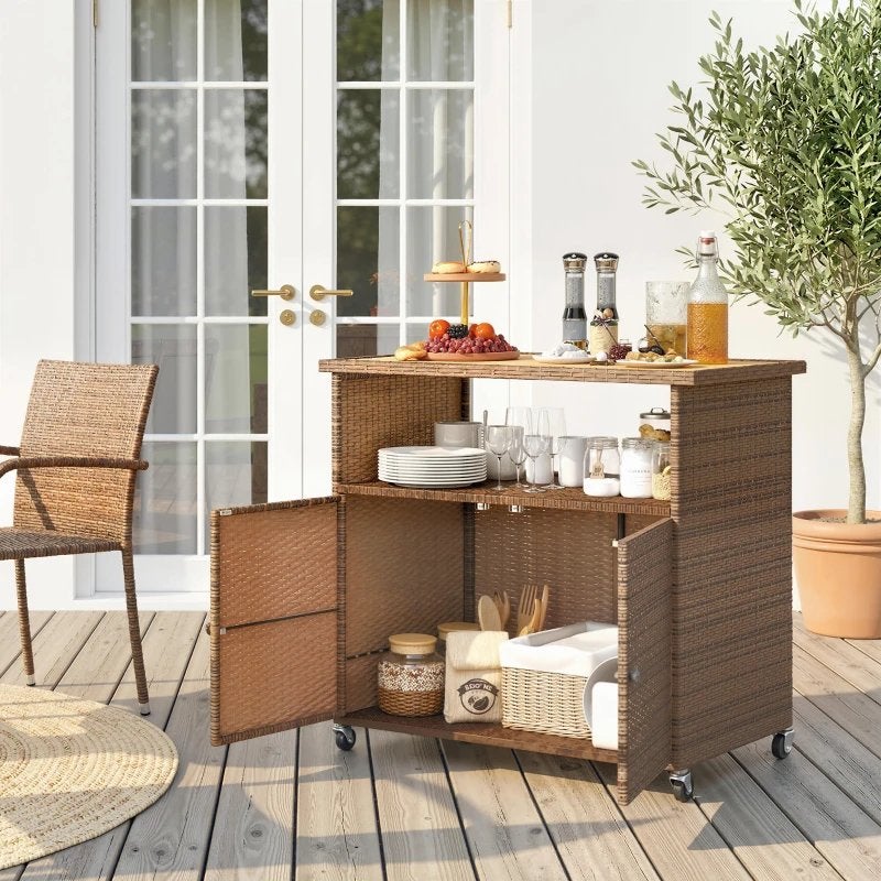 Outsunny Serveerwagen Rattan Keukenwagen met Wielen NIEUW, Nieuw, A, A, A