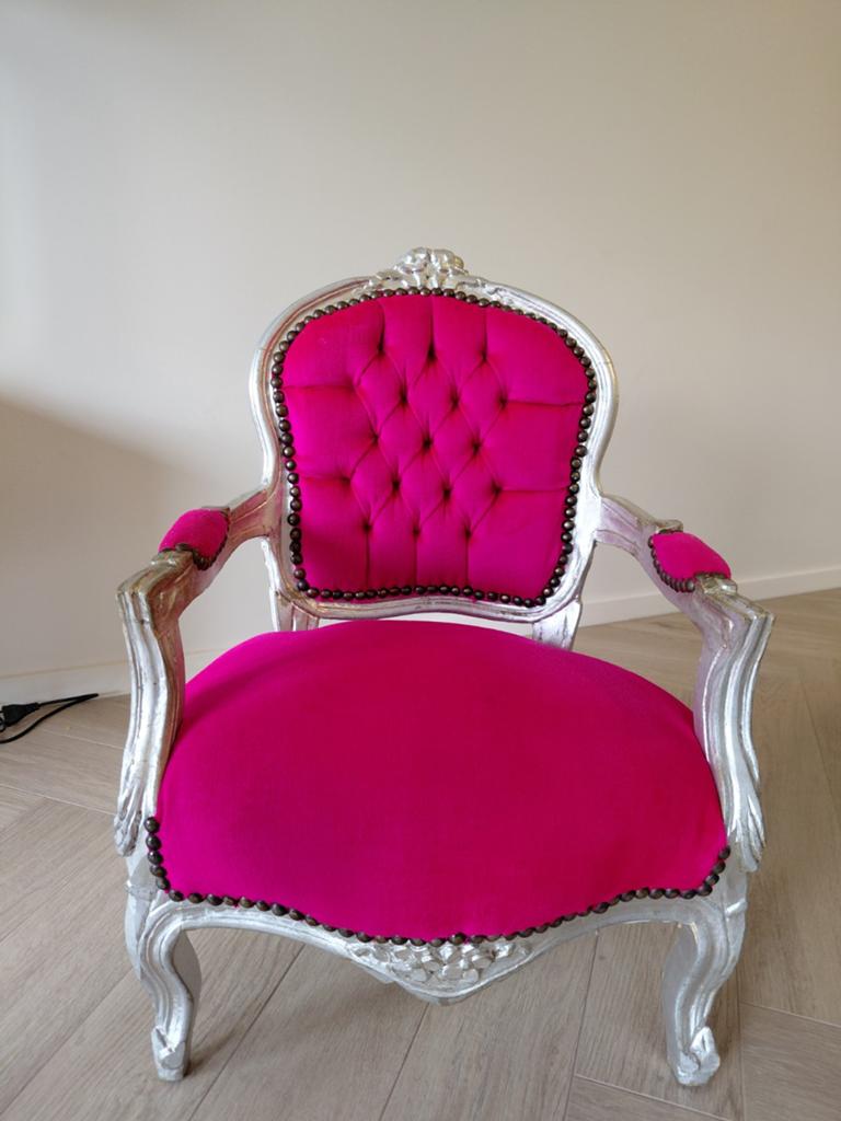Kinder Barok fauteuil - zilver met felroze bekleding, Antiek en Kunst, Ophalen of Verzenden