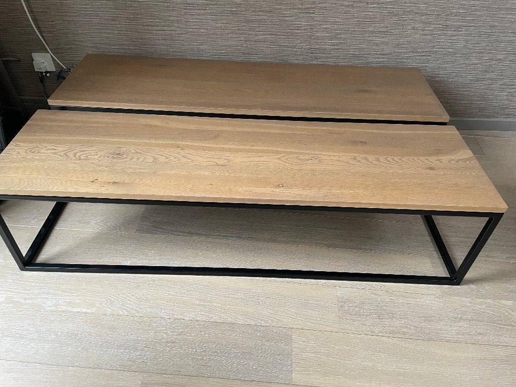 2 langwerpige salontafels met massief eikenblad, Ophalen, Minder dan 50 cm, Gebruikt, 100 tot 150 cm