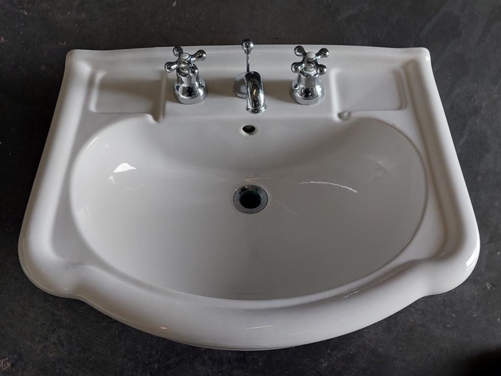 Keramische wasbak, spoelbak met dubbele kraan, 65x52 cm, Gebruikt, Wasbak of Wastafel, 50 tot 75 cm, 50 tot 100 cm