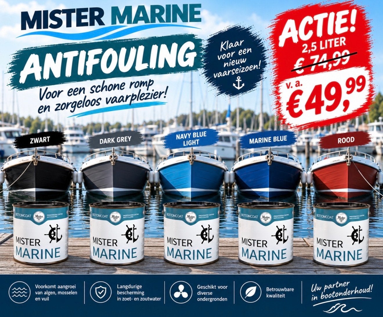 Mister Marine Antifouling 2,5L - 5 kleuren, Ophalen of Verzenden, Nieuw, Verven