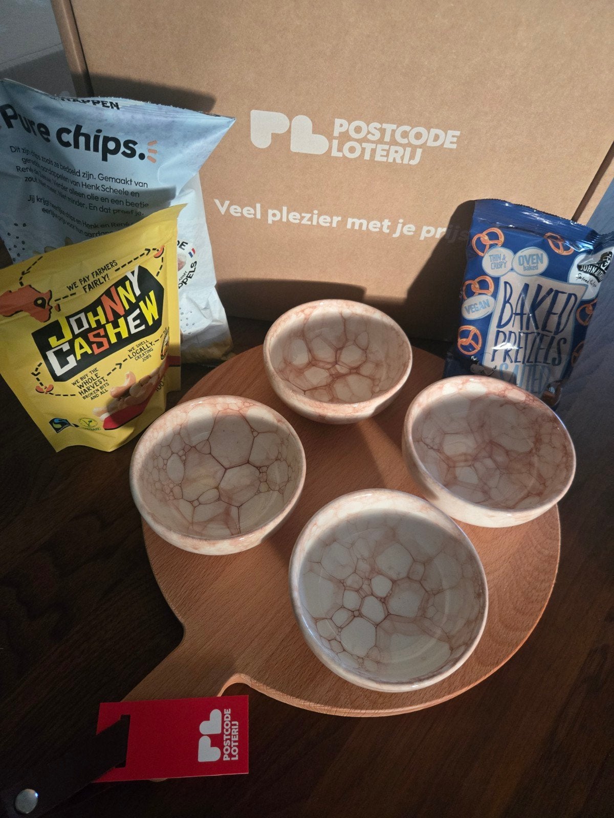 Borrelplank, 4 schaaltjes, snacks Postcodeloterij, Ophalen of Verzenden, Nieuw
