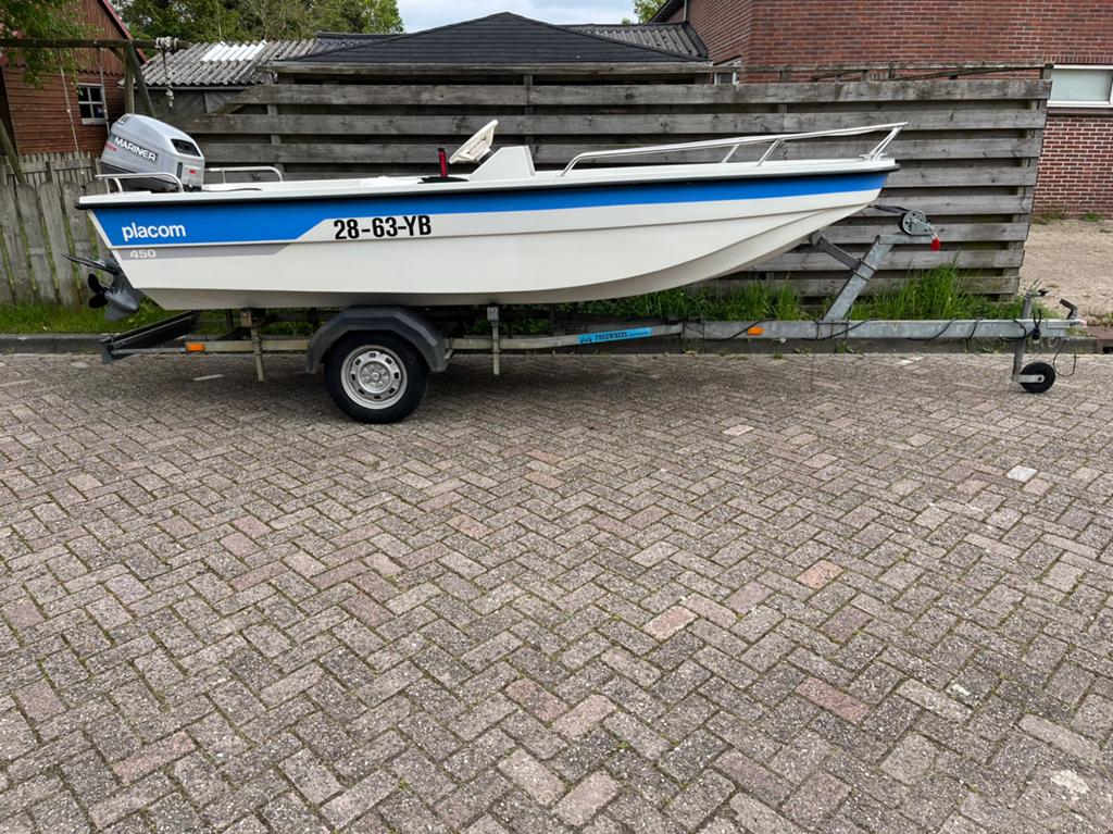 Placom 450 + 30 pk Mariner 2-takt + freewheel kanteltrailer, Watersport en Boten, Ophalen, Zo goed als nieuw, Overige typen, Motorboot