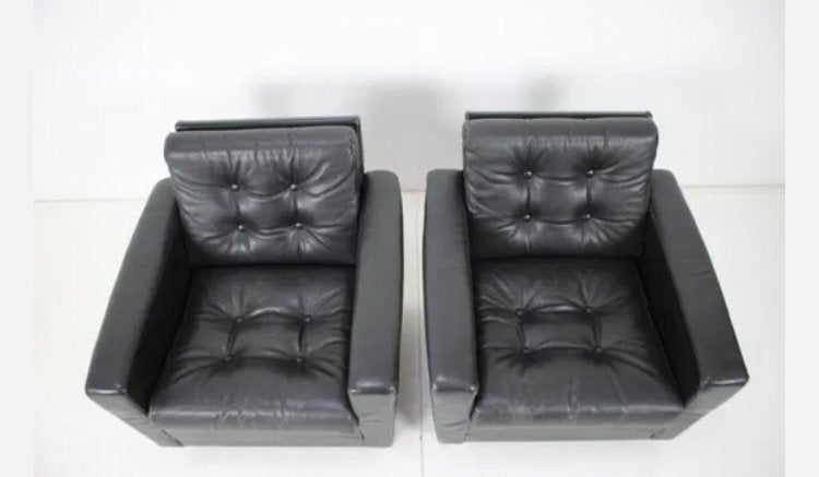 2 X vintage zwart leren fauteuil | jaren 70, Huis en Inrichting, Fauteuils, Ophalen of Verzenden, Zo goed als nieuw