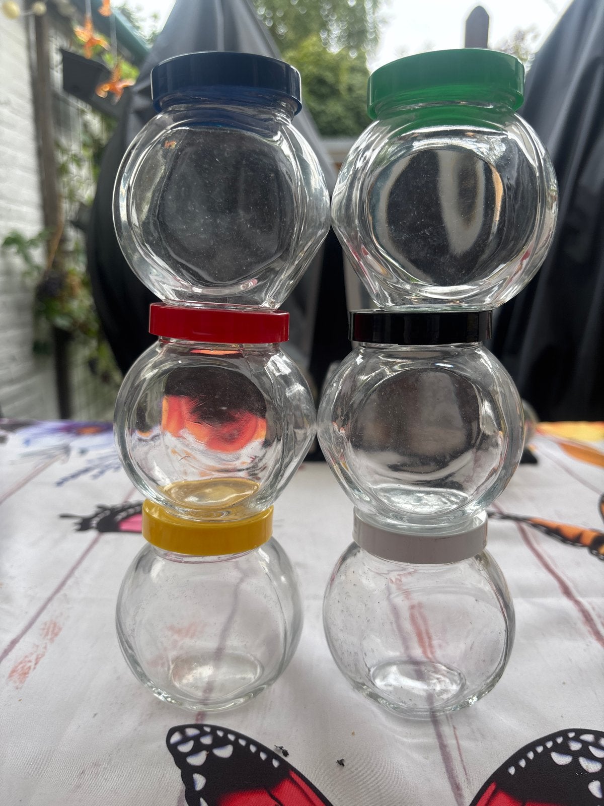 Set van 6 glazen potjes met gekleurde deksels, Ophalen, Gebruikt, Meerkleurig, Glas