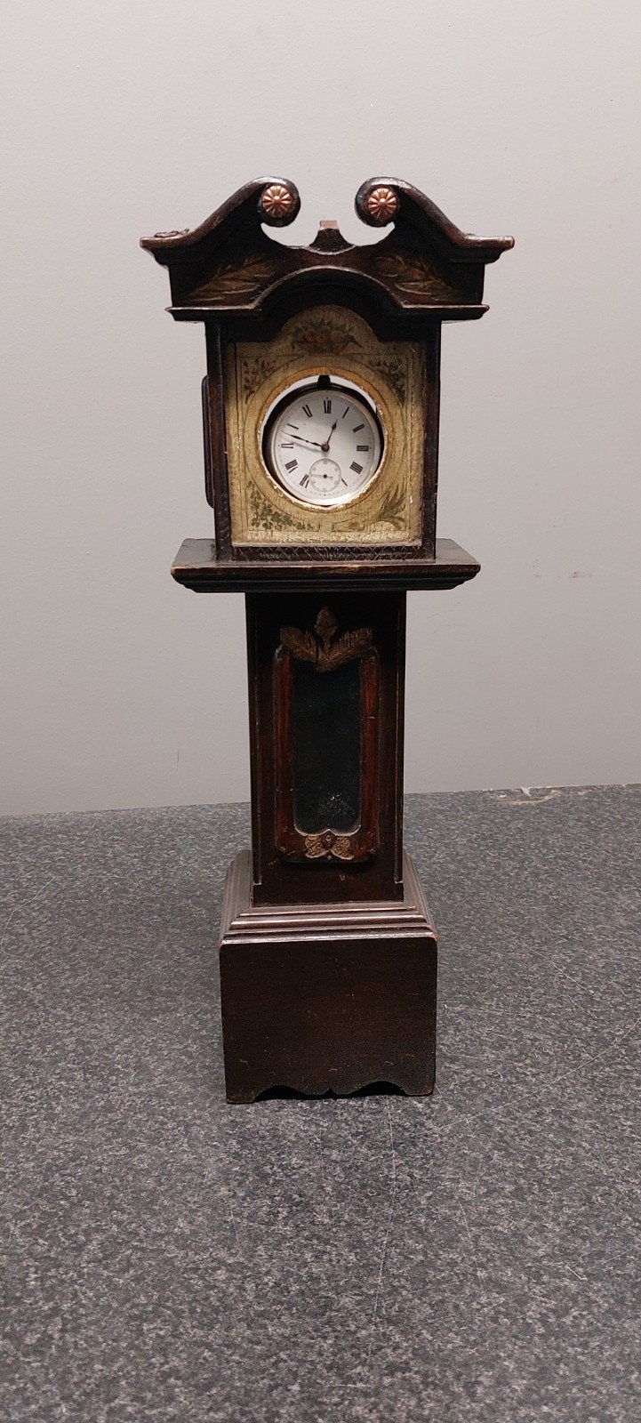 Antieke miniatuur staande klok met zakhorloge, Antiek en Kunst, Ophalen