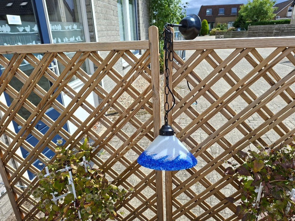 schitterende aparte blauw witte glazen hanglamp, Huis en Inrichting, Lampen | Hanglampen, Ophalen of Verzenden, Gebruikt