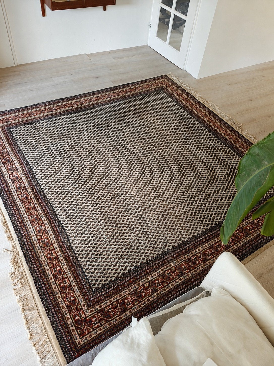 Vintage Indiaas handgeknoopt wollen tapijt met franjes, Gebruikt, Bruin, Vintage, 200 cm of meer