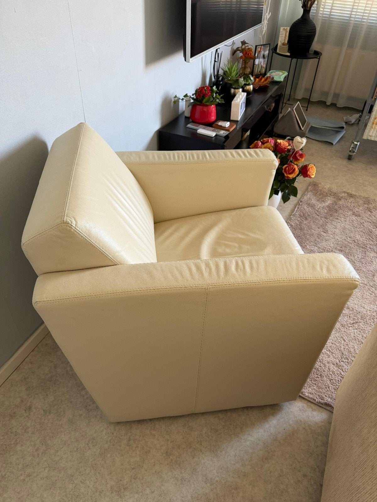Creme lederen fauteuil, Gebruikt, Ophalen of Verzenden, 75 tot 100 cm, Leer