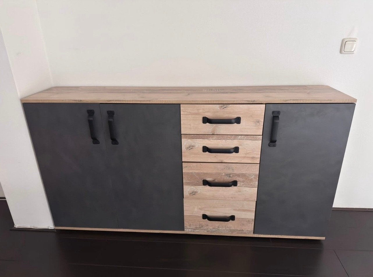 Modern dressoir met lades en deuren - Grijs/Houtlook, Ophalen, 150 tot 200 cm, Nieuw, Met lade(s)