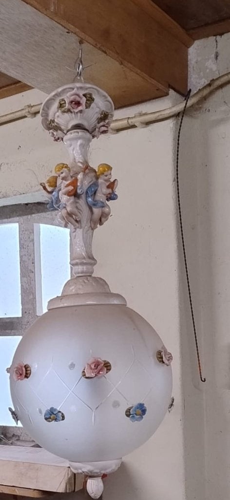 Vintage Italiaanse porseleinen/glazen bloemen kroonluchter., Ophalen of Verzenden