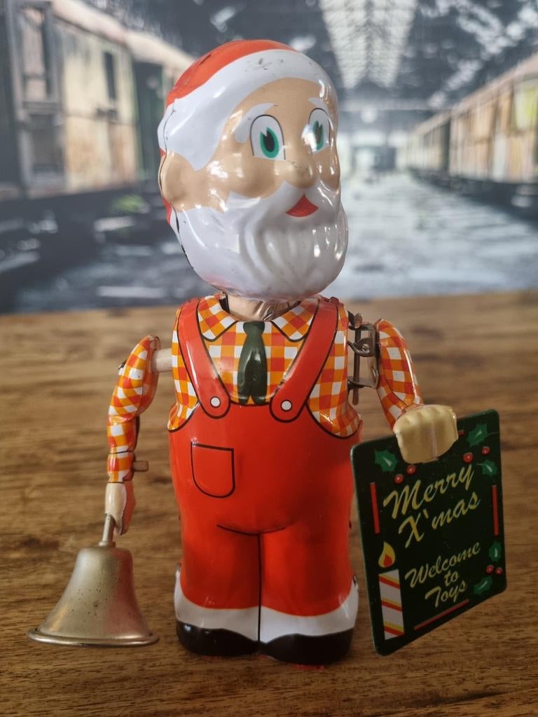 Vintage blikken kerstman speelgoed met bel en bordje, Ophalen of Verzenden