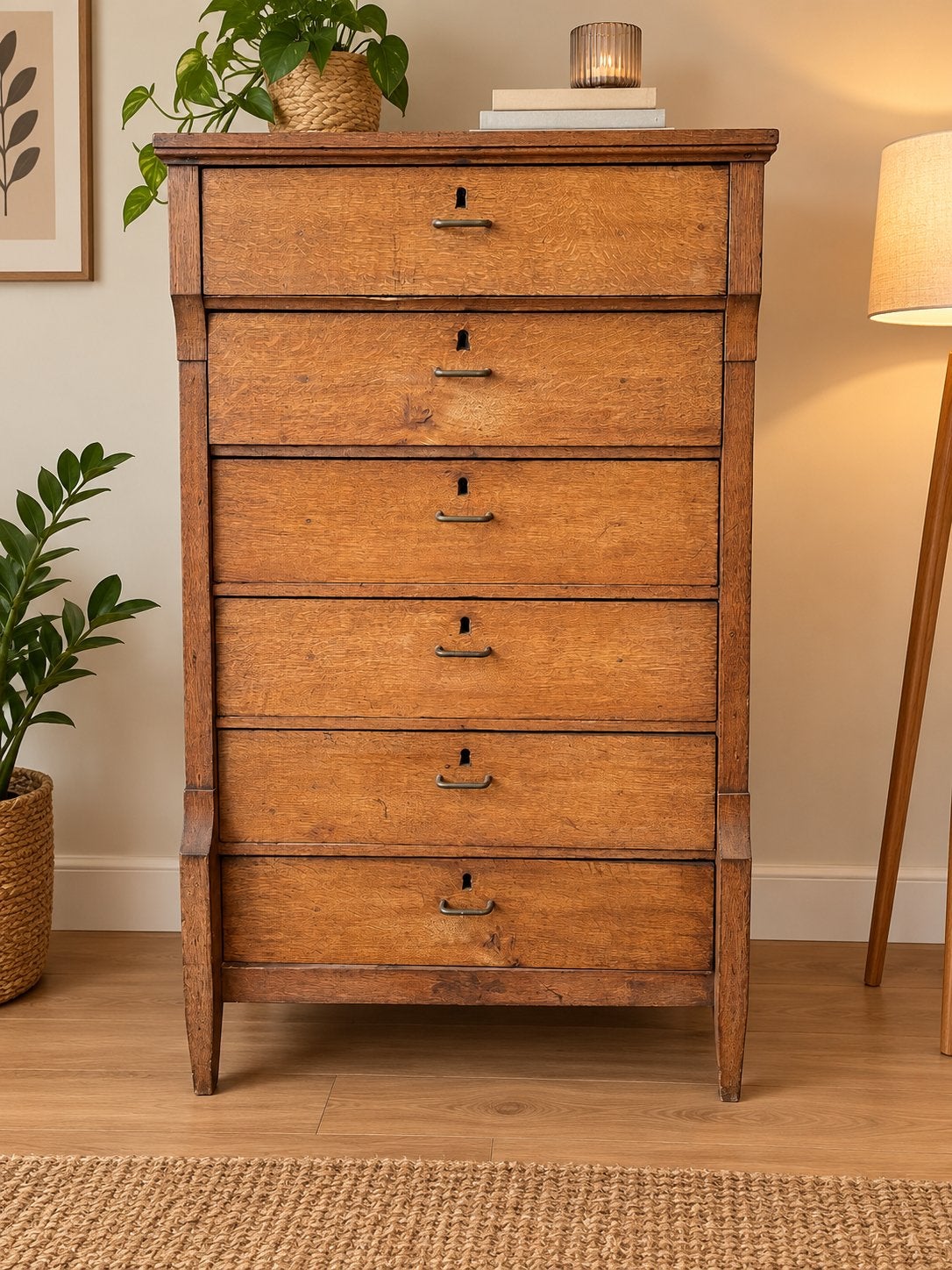Vintage houten ladekast met 6 lades, Gebruikt, 5 laden of meer, 100 tot 150 cm, 25 tot 50 cm
