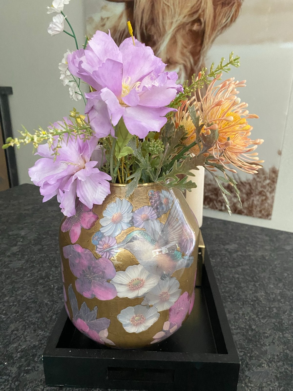 Gouden vaas met bloemenprint (exclusief bloemen), Ophalen