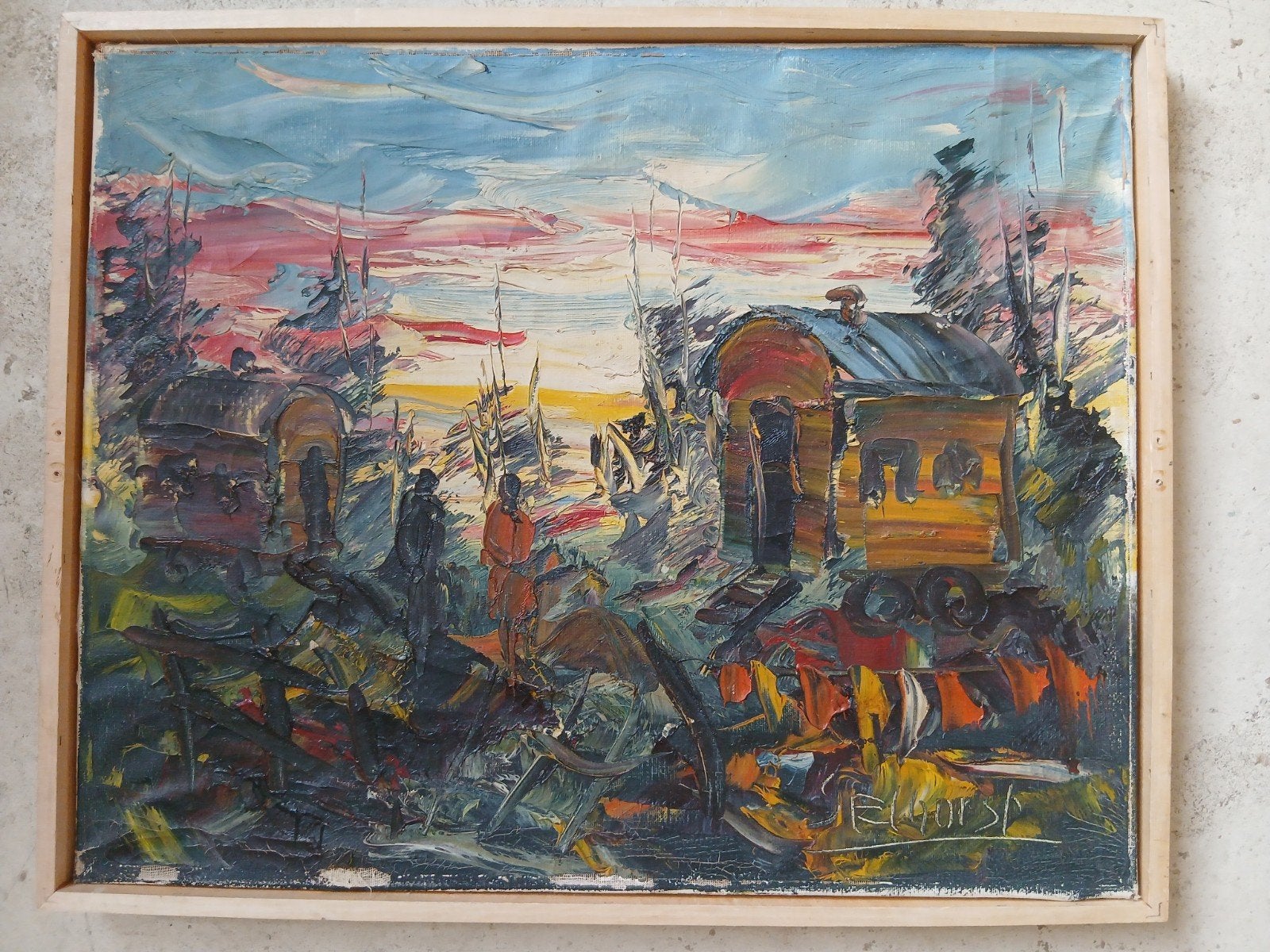 Oud schilderij: Woonwagens in landschap, gesigneerd, Doek, Expressionistisch, Ophalen of Verzenden, Gesigneerd