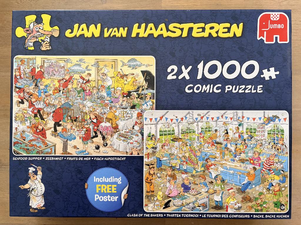 Jan van Haasteren: 2 puzzels in 1 doos (2x1000, compleet), Ophalen of Verzenden, 500 t/m 1500 stukjes, Zo goed als nieuw, Legpuzzel