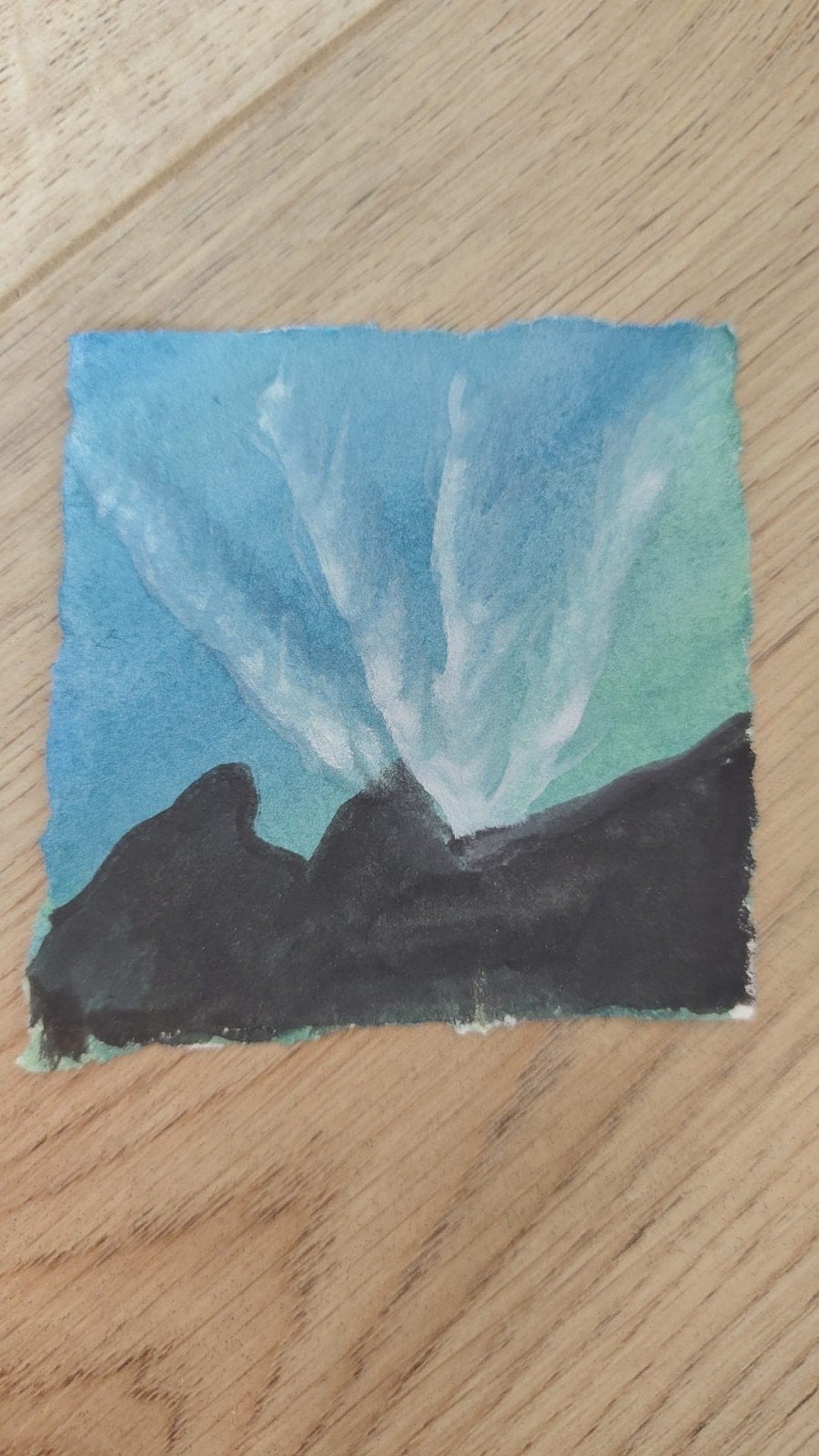 Noorderlicht boven bergen aquarel schilderij, Ophalen of Verzenden